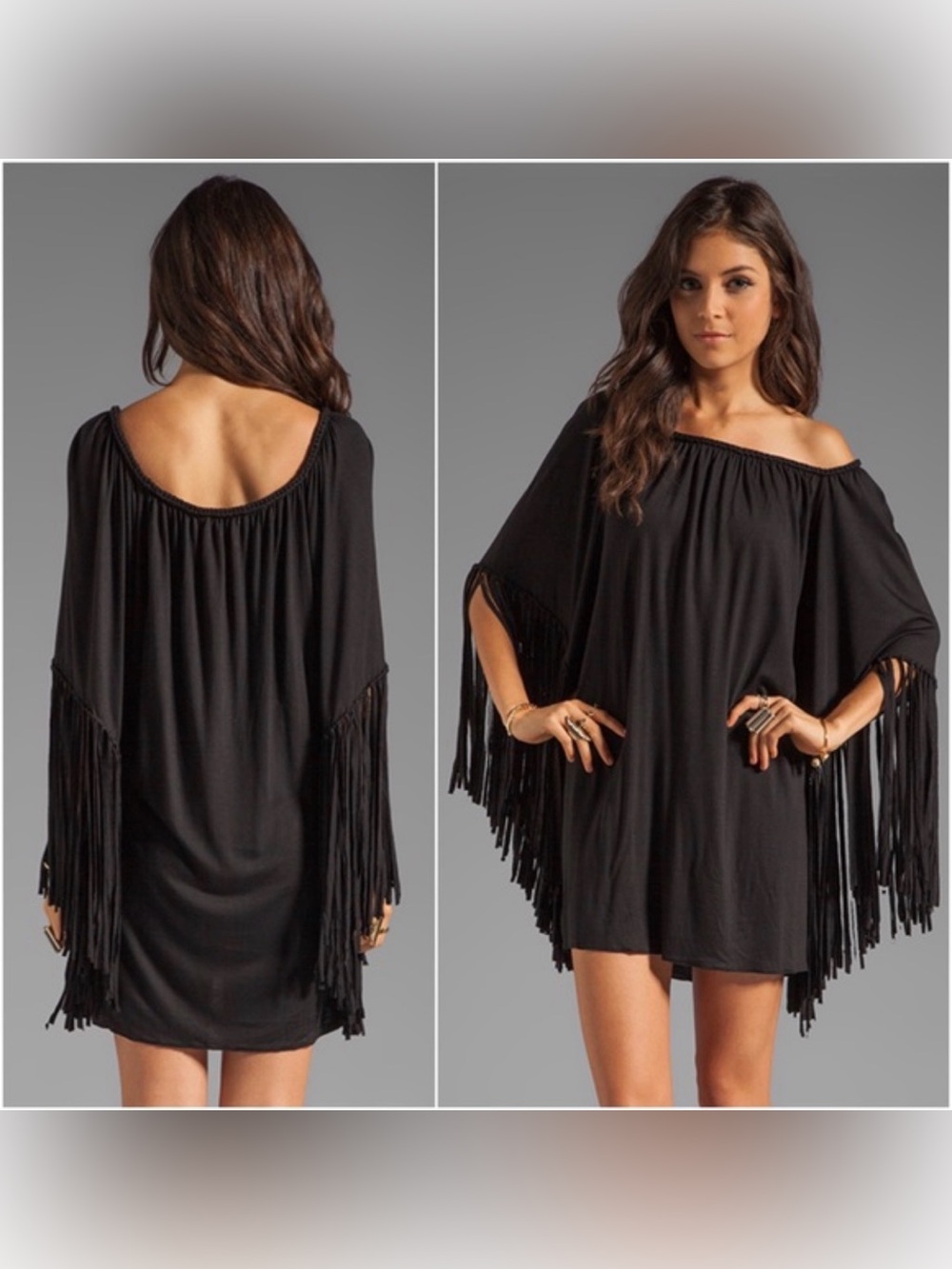 Indah Black Fringe Off-Shoulder Mini Dress